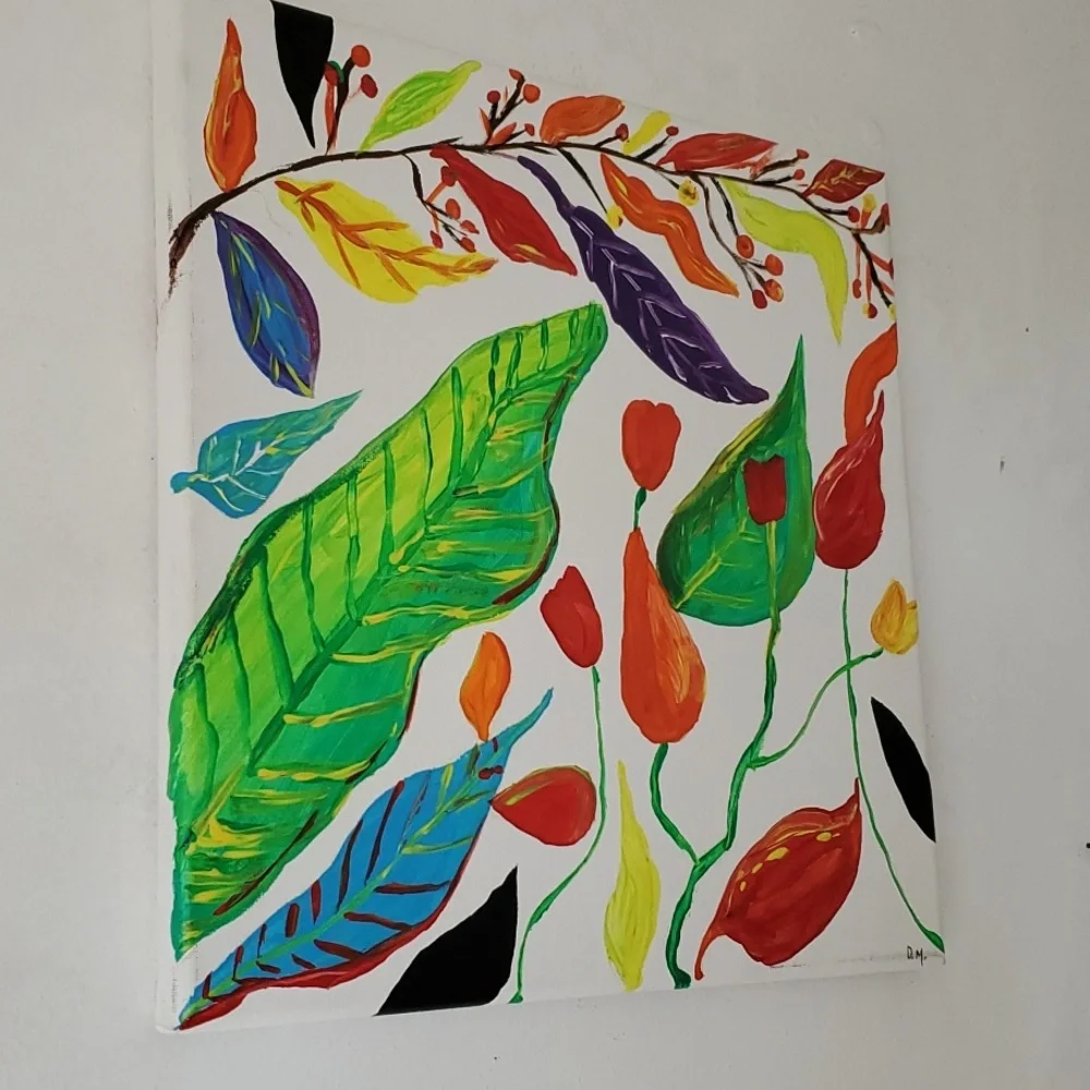 Original Unique Folk Art Floral Fauna Acrylic Painting Handmade‎ Art Home Decor